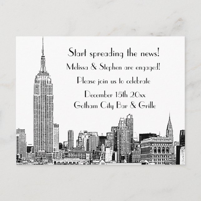 NYC Skyline Etched 01 Engagement Party Einladungspostkarte (Vorderseite)