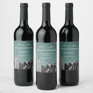 NYC Skyline Etched #2 Starry Turq Aqua Gradient BG Weinetikett