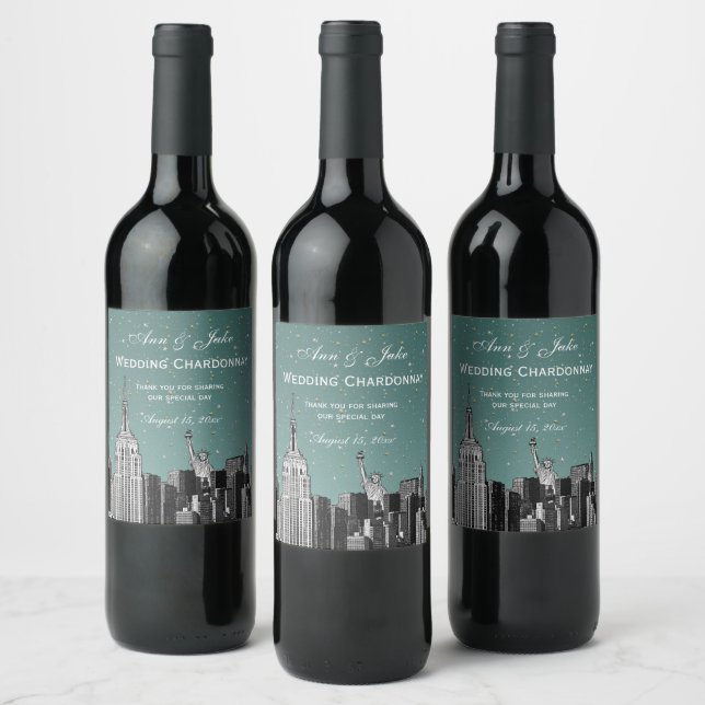 NYC Skyline Etched #2 Starry Turq Aqua Gradient BG Weinetikett (Flaschen)