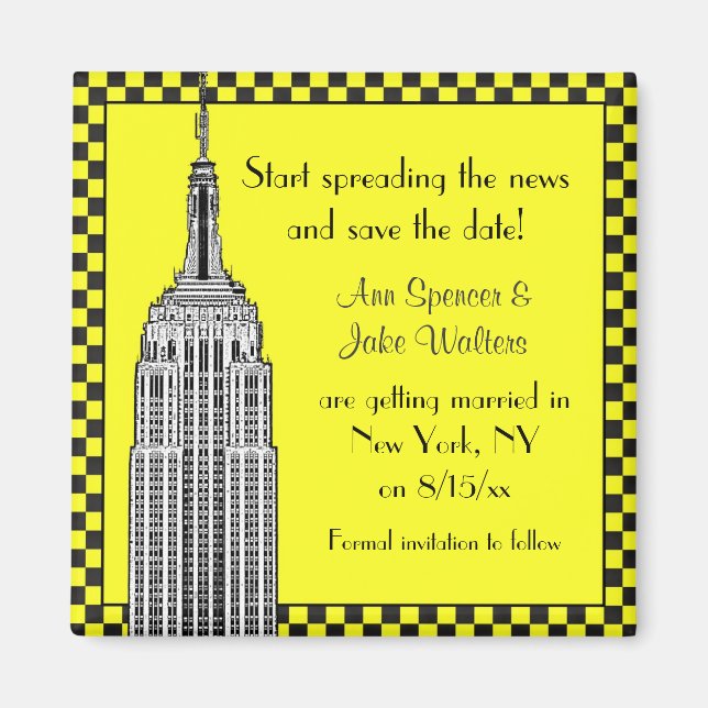 NYC Skyline Etched ESB Checkerd Taxi Save the Date Magnet (Vorne)