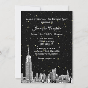 NYC Skyline Etched Starry DIY BG Color Sweet 16 Einladung