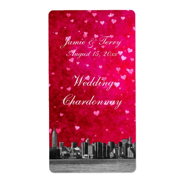 NYC Skyline Hot Pink Red Heart Wine Label (Vorne)