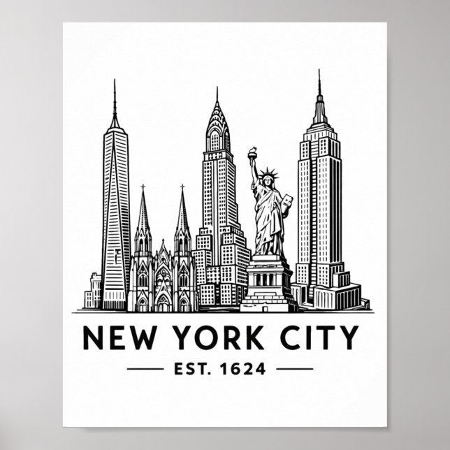 NYC Skyline Illustration with Statue of Liberty Poster (Vorne)