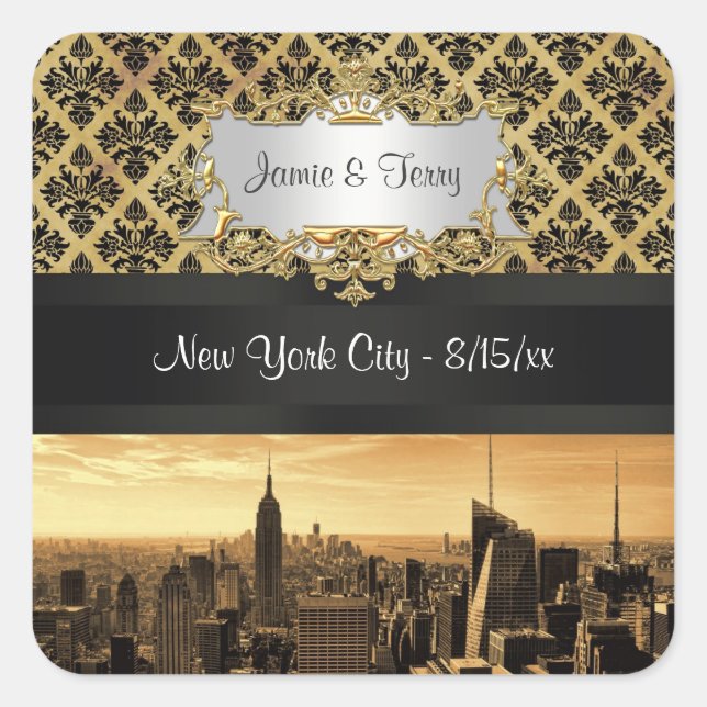 NYC Skyline Sepia B5 Blk Rib Damask Stickers (Vorderseite)