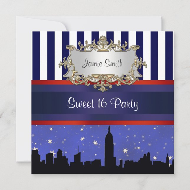 NYC Skyline Sil Blue Sky2 Blue Wht Stripe Sweet 16 Einladung (Vorderseite)