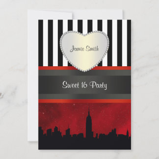 NYC Skyline Sil Red Sky Blk Wh Stripe P Sweet 16 V Einladung