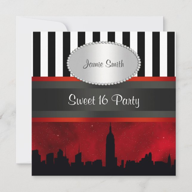 NYC Skyline Sil Red Sky Blk Wht Stripe P Sweet 16 Einladung (Vorderseite)