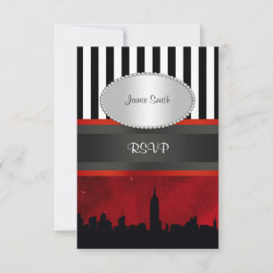 NYC-Skyline Sil Roter Himmel Blk Wht Streifen P RS RSVP Karte