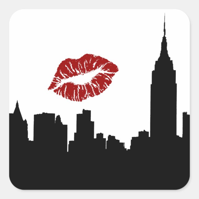 NYC Skyline Silhouette, ESB #1 Red Lipstick Kiss Quadratischer Aufkleber (Vorderseite)