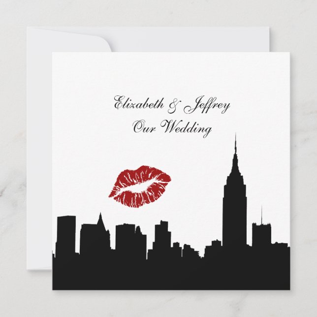 NYC Skyline Silhouette, Kiss ESB #1 BW Wedding SQ Einladung (Vorderseite)