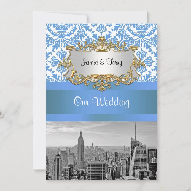 NYC SNYC Skyline BW D4 Damask Wedding Invitation V Einladung (Vorderseite)