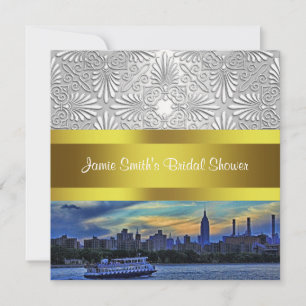 NYC Sunset Skyline ESB White Damask Brautparty Einladung