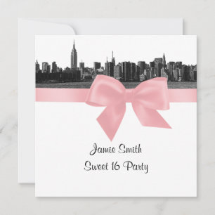 NYC Weite Skyline Geätzt BW Pink Sweet Sixteen SQ Einladung
