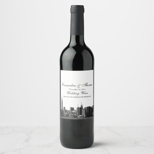NYC-weites Skyline Etched BW Wine Bottle Label Weinetikett (Vorderseite)