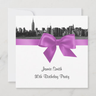 NYC Wide Skyline Etch BW Lilac Birthday Pty SQ Einladung