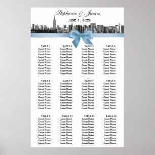 NYC Wide Skyline Etch BW Lt Blue Bow Seekarte Poster