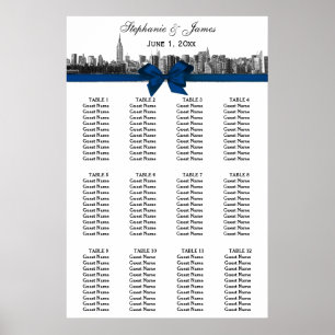NYC Wide Skyline Etched BW Blue Bow Seekarte Poster