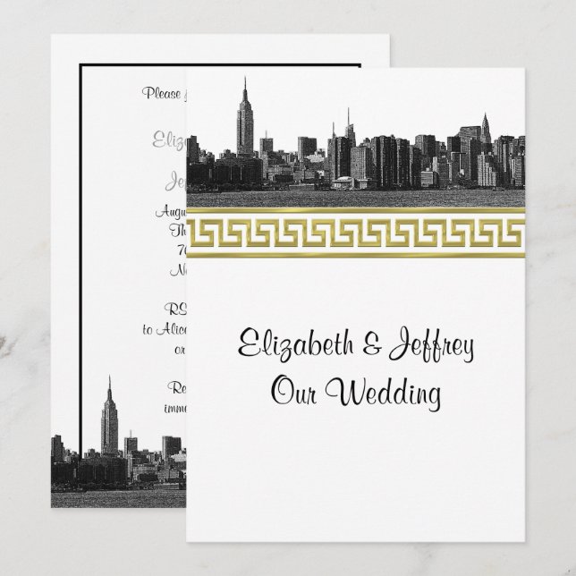 NYC Wide Skyline Etched BW Gold GK #5 Wedding Einladung (Vorne/Hinten)