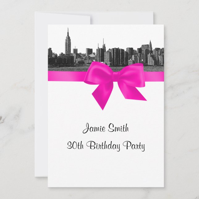 NYC Wide Skyline Etched BW Hot Pink Birthday Party Einladung (Vorderseite)