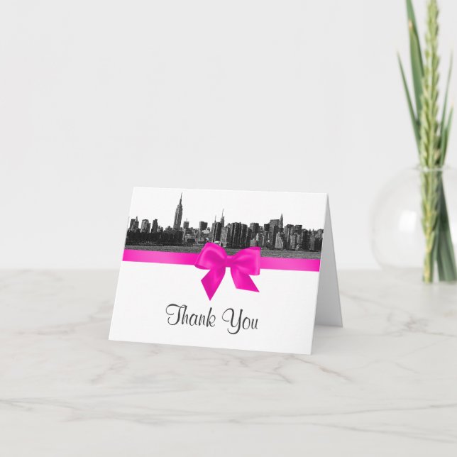NYC Wide Skyline Etched BW Hot Pink H Vielen Dank Dankeskarte (Vorderseite)
