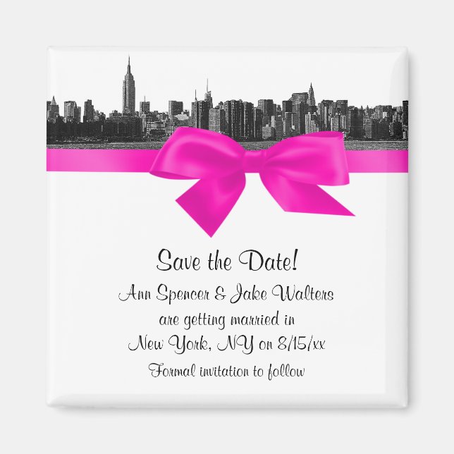 NYC Wide Skyline Etched BW Hot Pink Save the Date Magnet (Vorne)