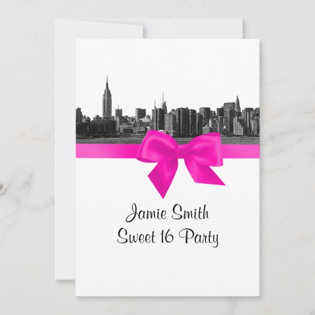 NYC Wide Skyline Etched BW Hot Pink Sweet 16 Einladung (Vorderseite)
