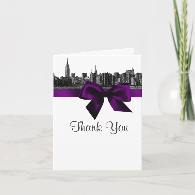 NYC Wide Skyline Etched BW Lila Vielen Dank Dankeskarte (Vorderseite)