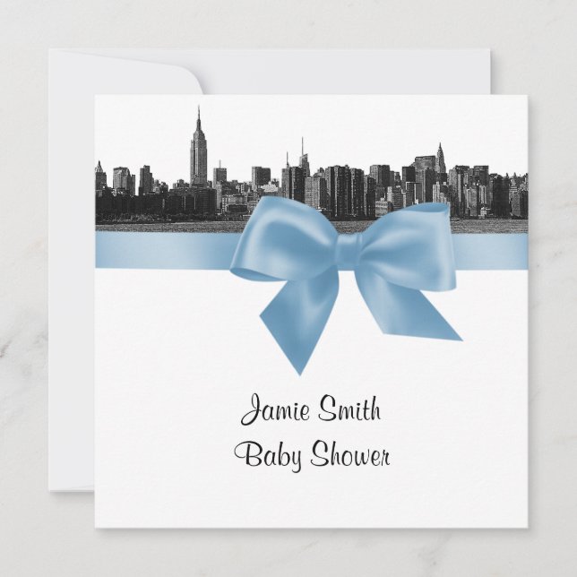 NYC Wide Skyline Etched BW Lt Blue Baby Dusche SQ Einladung (Vorderseite)