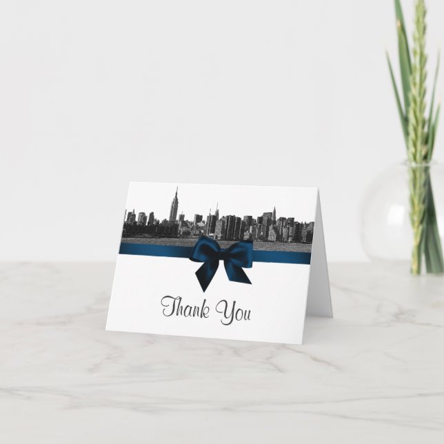 NYC Wide Skyline Etched BW Navy Blue H Vielen Dank Dankeskarte (Vorderseite)