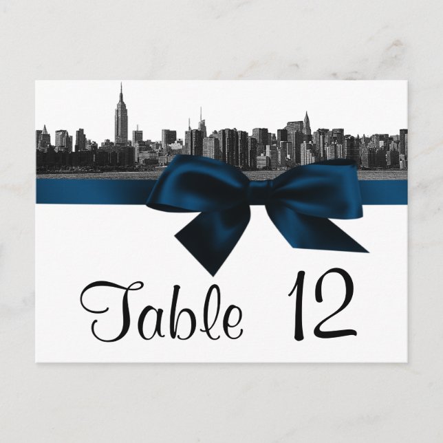 NYC Wide Skyline Etched BW Navy Blue Tischnummer (Vorderseite)