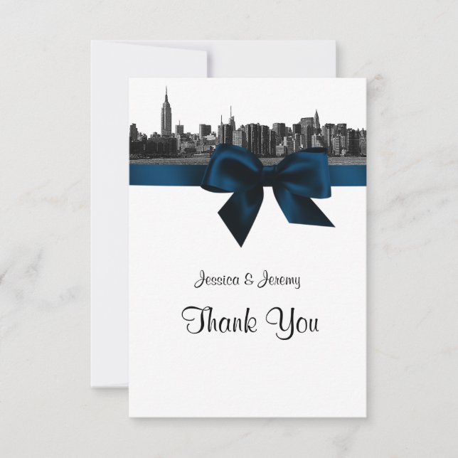 NYC Wide Skyline Etched BW Navy Blue Vielen Dank Dankeskarte (Vorderseite)