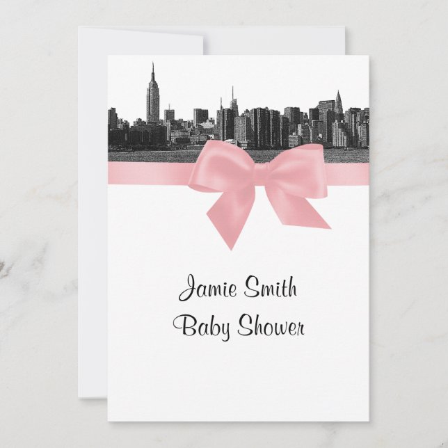 NYC Wide Skyline Etched BW Pink Baby Dusche Einladung (Vorderseite)