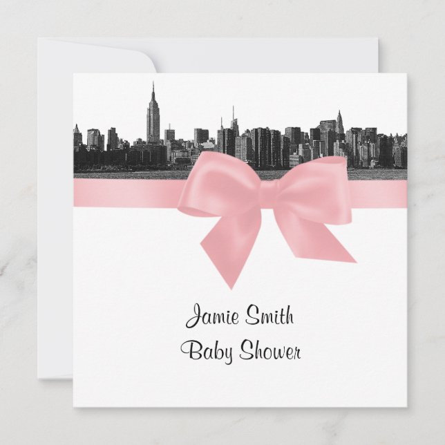 NYC Wide Skyline Etched BW Pink Baby Shooting SQ Einladung (Vorderseite)