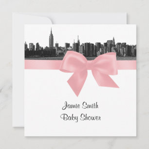 NYC Wide Skyline Etched BW Pink Baby Shooting SQ Einladung