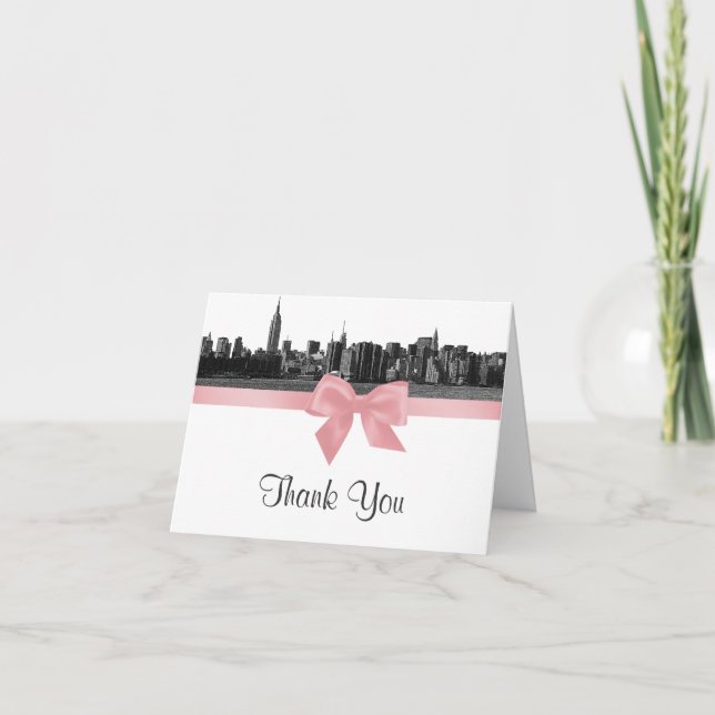 NYC Wide Skyline Etched BW Pink H Vielen Dank Dankeskarte (Vorderseite)