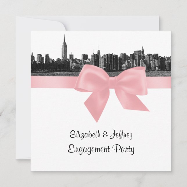 NYC Wide Skyline Etched BW Pink Verlobung Pty SQ Einladung (Vorderseite)
