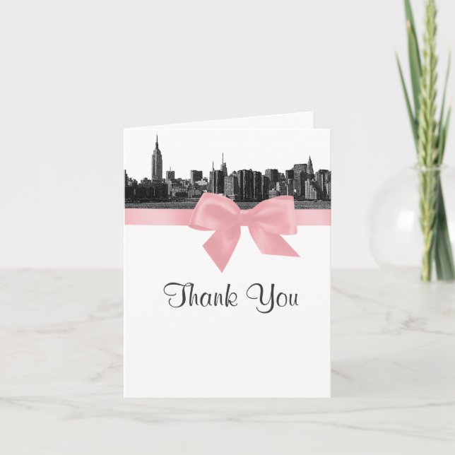 NYC Wide Skyline Etched BW Pink Vielen Dank Dankeskarte (Vorderseite)