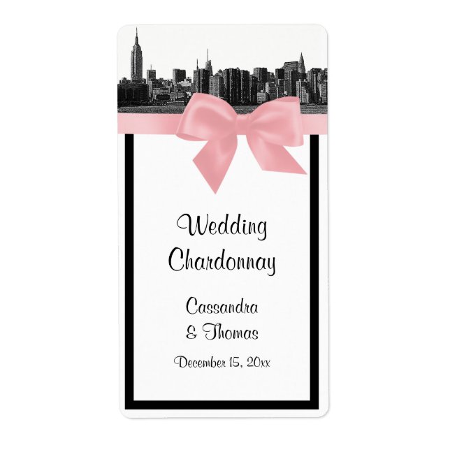 NYC Wide Skyline Etched BW Pink Wine Label (Vorne)