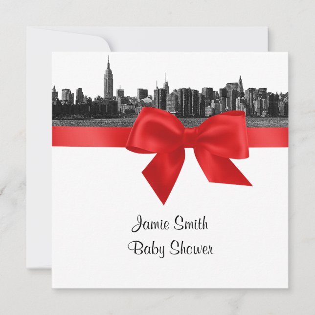 NYC Wide Skyline Etched BW Red Baby Shooter SQ Einladung (Vorderseite)