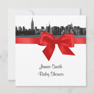 NYC Wide Skyline Etched BW Red Baby Shooter SQ Einladung