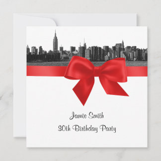 NYC Wide Skyline Etched BW Red Birthday Party SQ Einladung