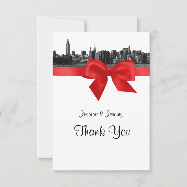 NYC Wide Skyline Etched BW Red Vielen Dank Dankeskarte (Vorderseite)