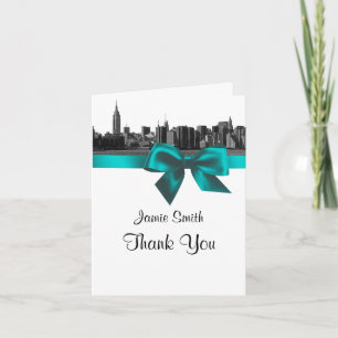 NYC Wide Skyline Etched BW Teal Thank You #2 Dankeskarte