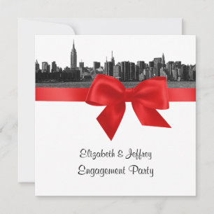 NYC Wide Skyline Etted BW Red Engagement Party SQ Einladung