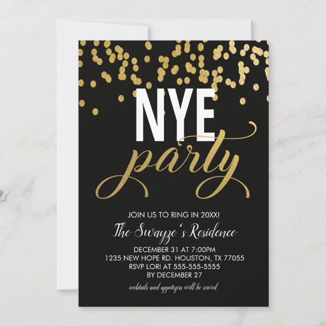 NYE Party Einladung | Black and Gold Confetti (Vorderseite)