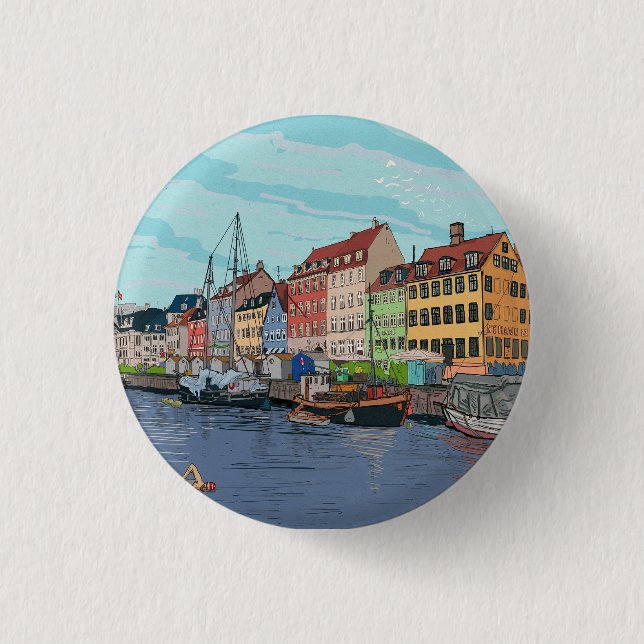 Nyhavn Copenhagen Denmark Whimsical Lustration Button (Vorderseite)