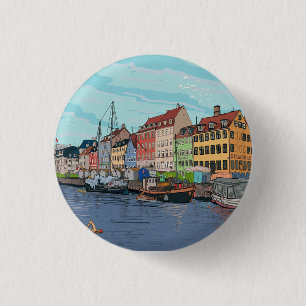 Nyhavn Copenhagen Denmark Whimsical Lustration Button