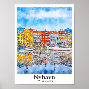 Nyhavn Denmark Watercolor Hand Drawn Poster