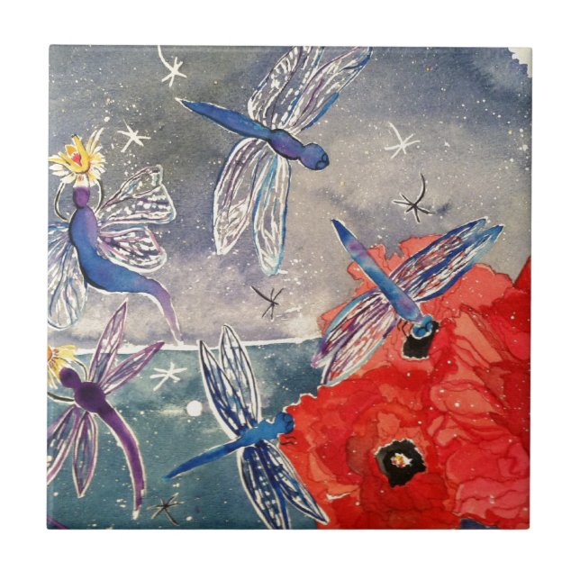 Nymphen und Libellen-Aquarell-Malerei Fliese (Vorderseite)