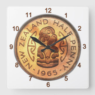 NZ Neuseeland Half Penny Tiki Clock Quadratische Wanduhr